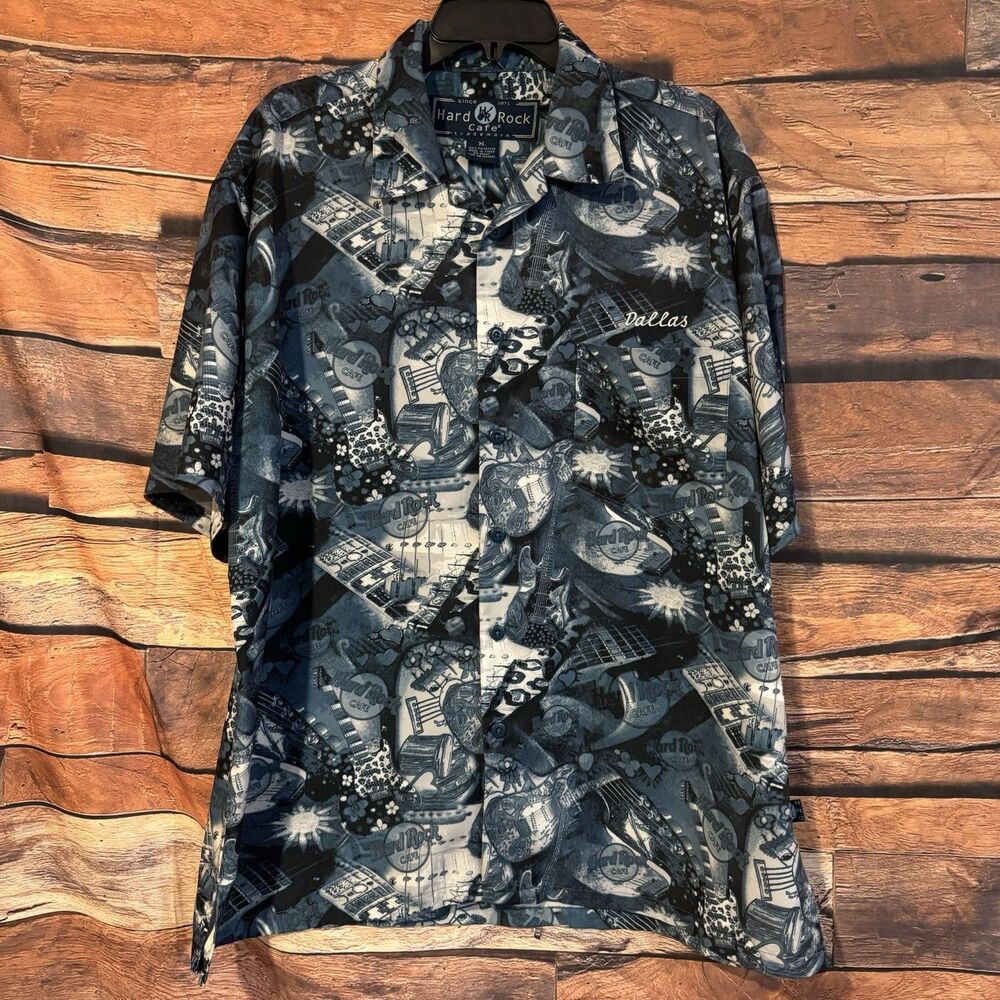 Hard Rock Cafe Dallas Shirt Mens XL Blue Guitar All Over Print Button Up Vintage